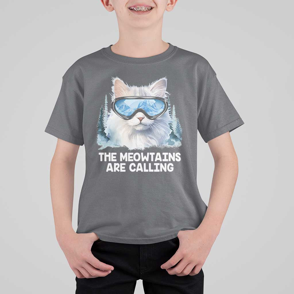 Funny Skiing Snowboarding Cat T Shirt For Kid The Meowtains Are Calling Ski Goggles - Wonder Print Shop