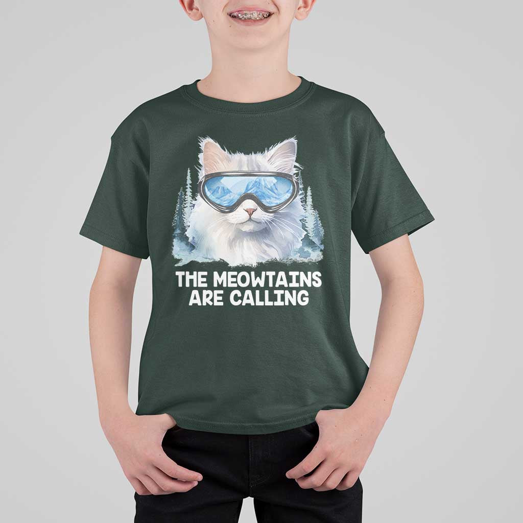 Funny Skiing Snowboarding Cat T Shirt For Kid The Meowtains Are Calling Ski Goggles - Wonder Print Shop