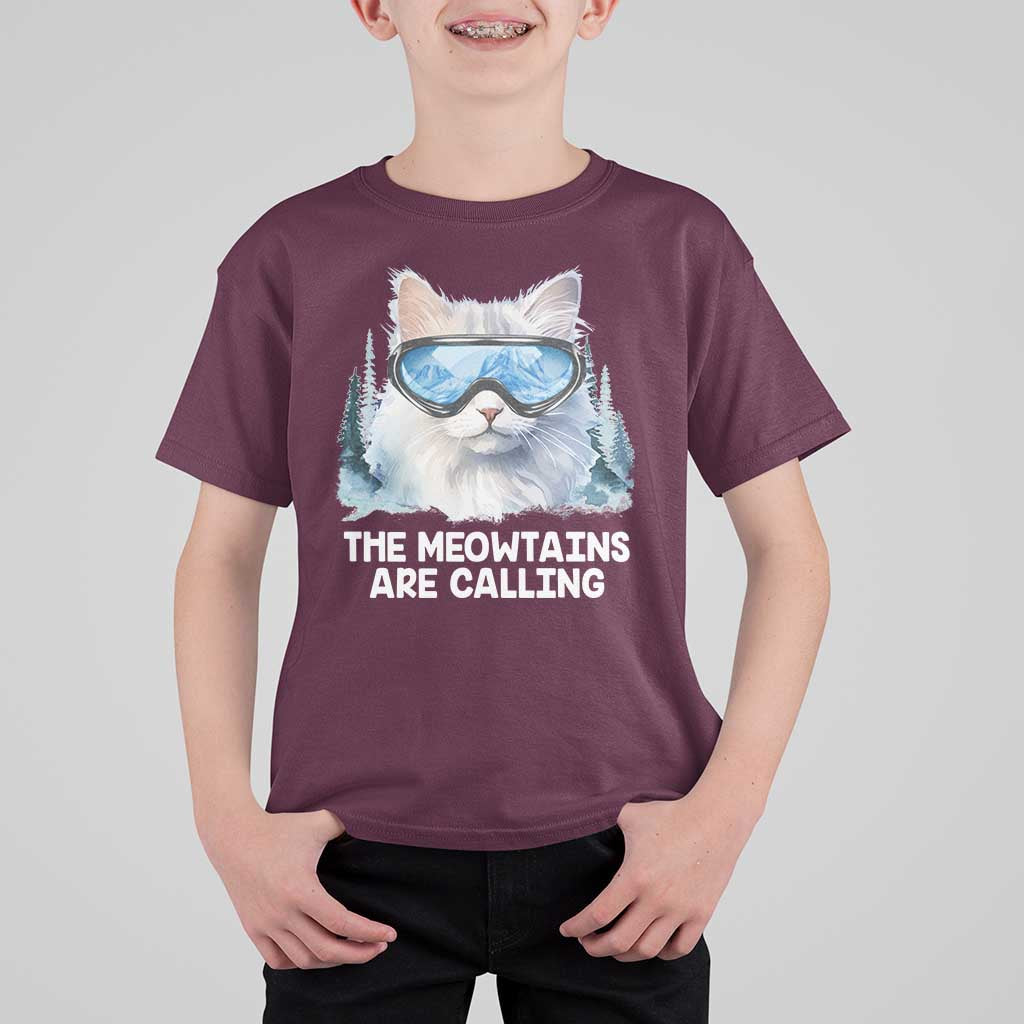 Funny Skiing Snowboarding Cat T Shirt For Kid The Meowtains Are Calling Ski Goggles - Wonder Print Shop