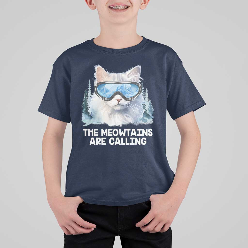 Funny Skiing Snowboarding Cat T Shirt For Kid The Meowtains Are Calling Ski Goggles - Wonder Print Shop