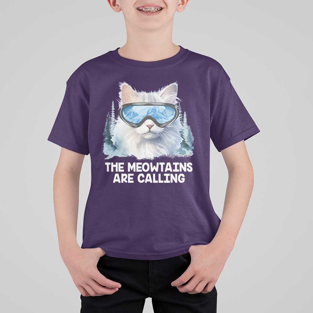 Funny Skiing Snowboarding Cat T Shirt For Kid The Meowtains Are Calling Ski Goggles - Wonder Print Shop