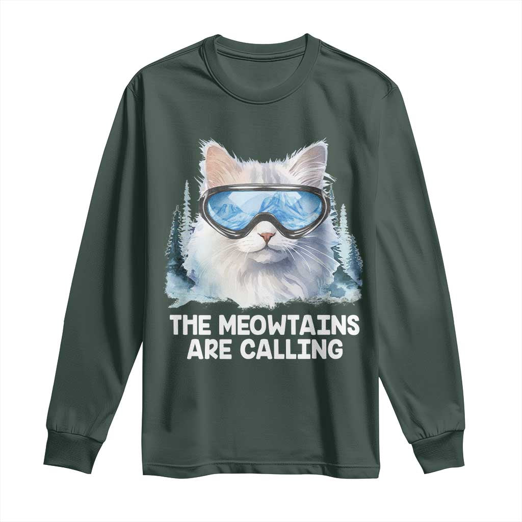Funny Skiing Snowboarding Cat Long Sleeve Shirt The Meowtains Are Calling Ski Goggles