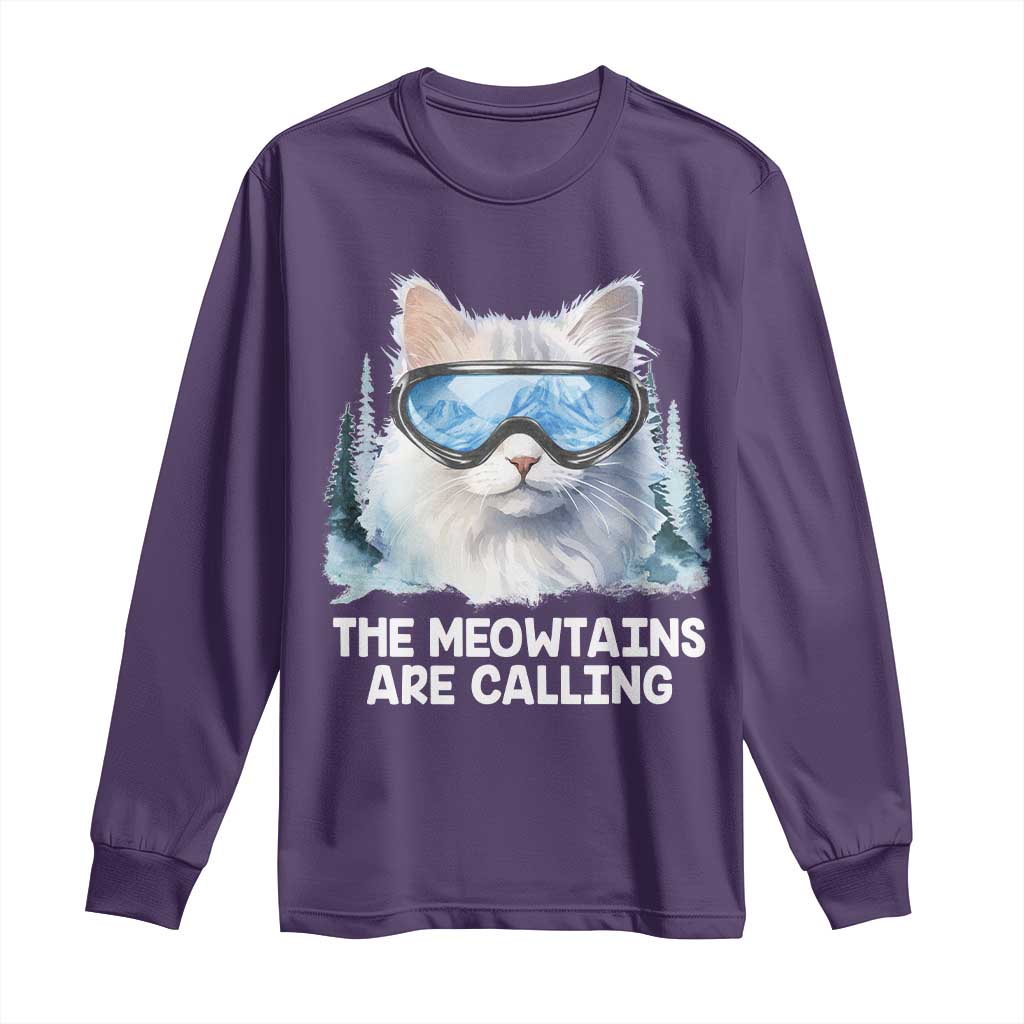 Funny Skiing Snowboarding Cat Long Sleeve Shirt The Meowtains Are Calling Ski Goggles