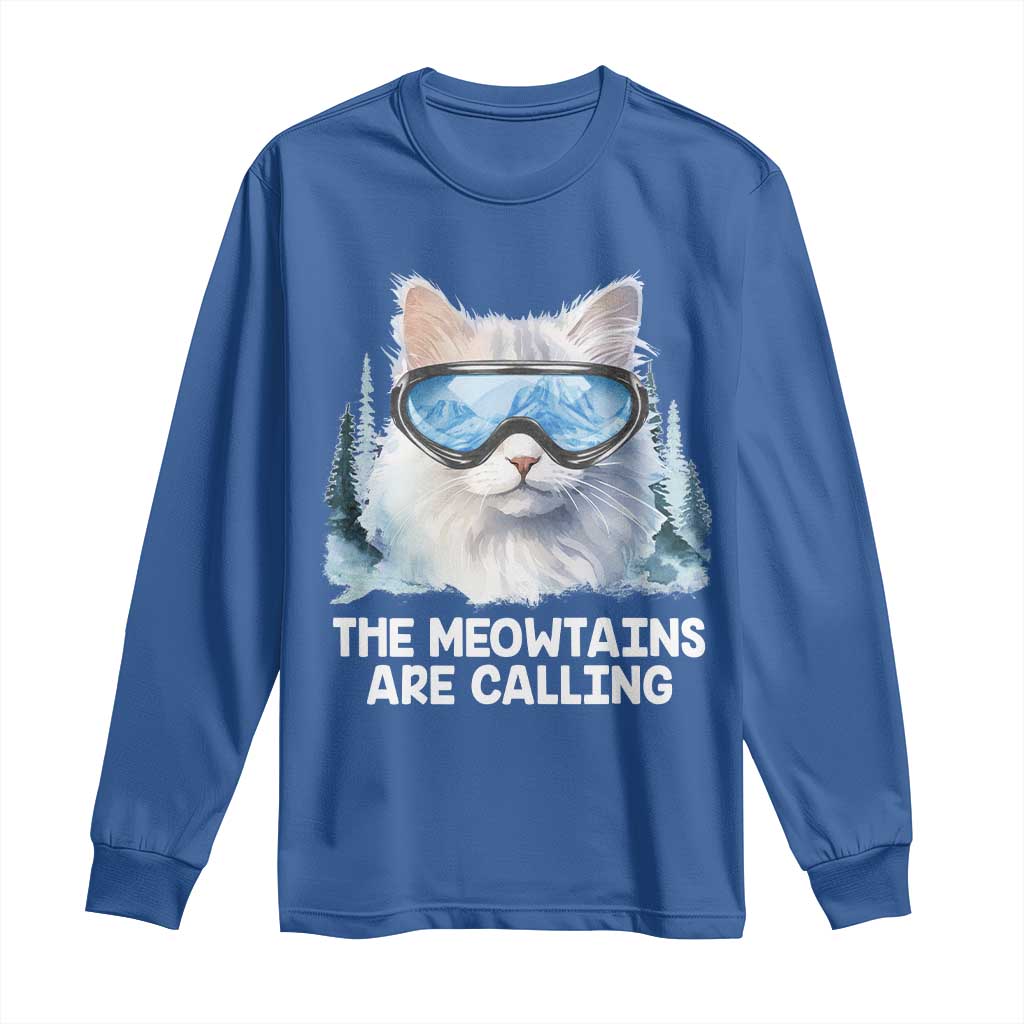 Funny Skiing Snowboarding Cat Long Sleeve Shirt The Meowtains Are Calling Ski Goggles