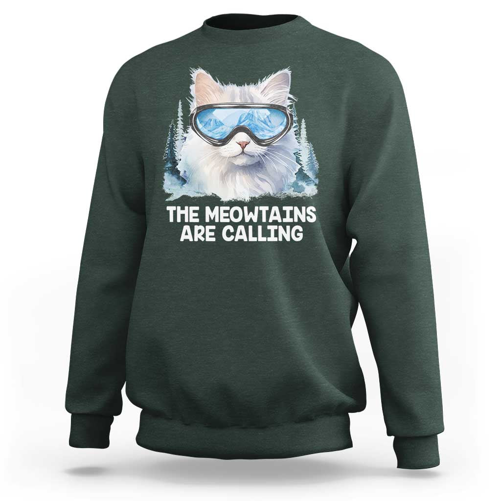Funny Skiing Snowboarding Cat Sweatshirt The Meowtains Are Calling Ski Goggles - Wonder Print Shop