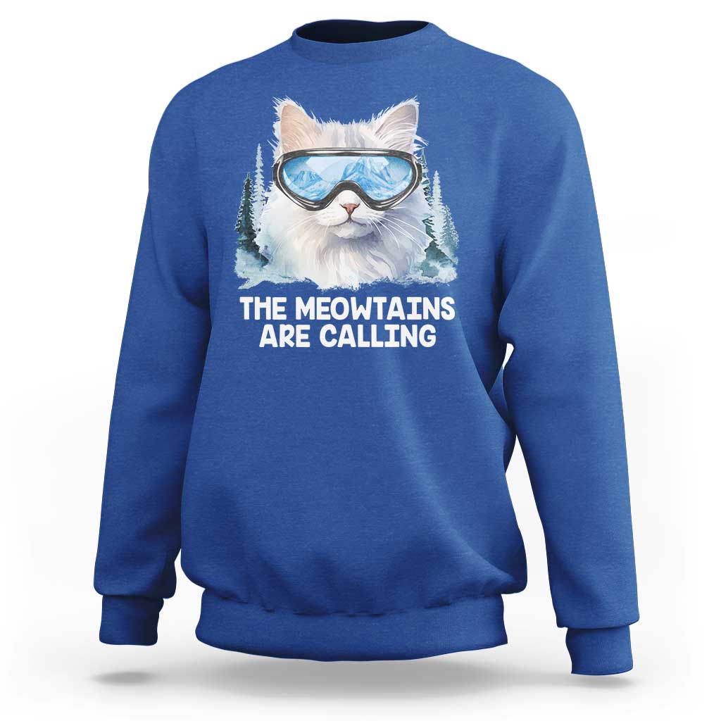 Funny Skiing Snowboarding Cat Sweatshirt The Meowtains Are Calling Ski Goggles - Wonder Print Shop