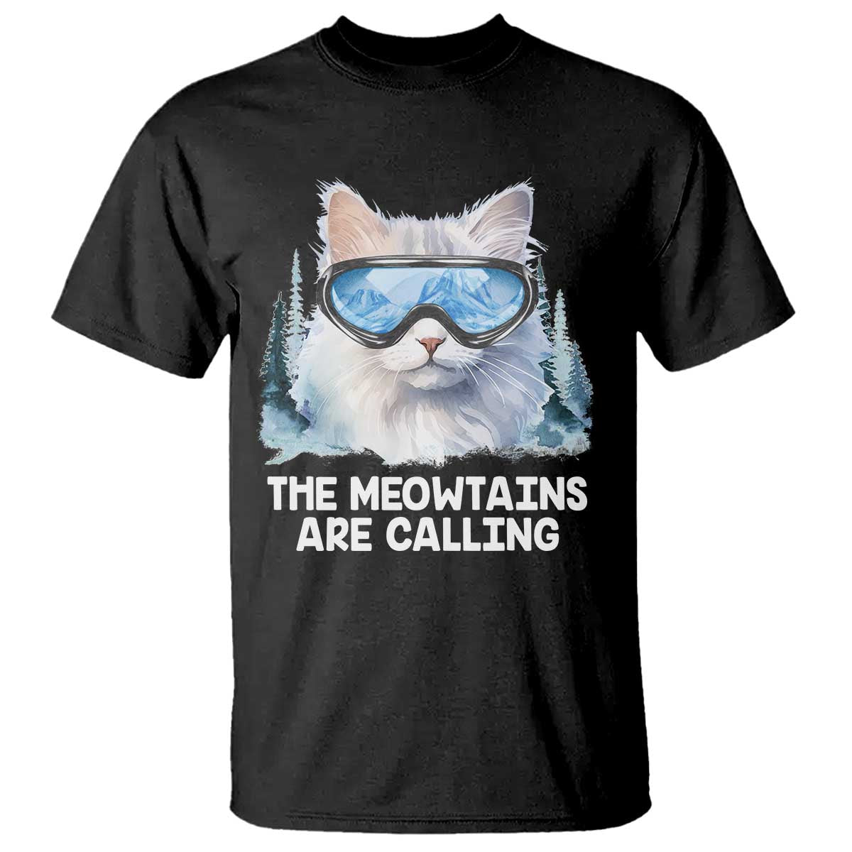 Funny Skiing Snowboarding Cat T Shirt The Meowtains Are Calling Ski Goggles - Wonder Print Shop