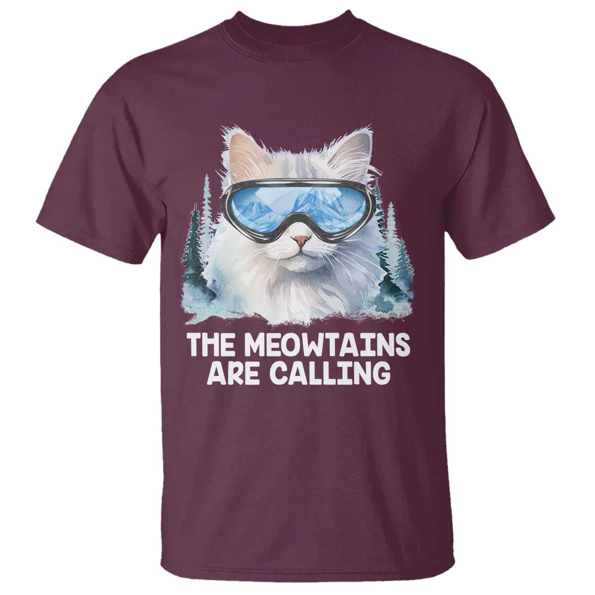 Funny Skiing Snowboarding Cat T Shirt The Meowtains Are Calling Ski Goggles - Wonder Print Shop