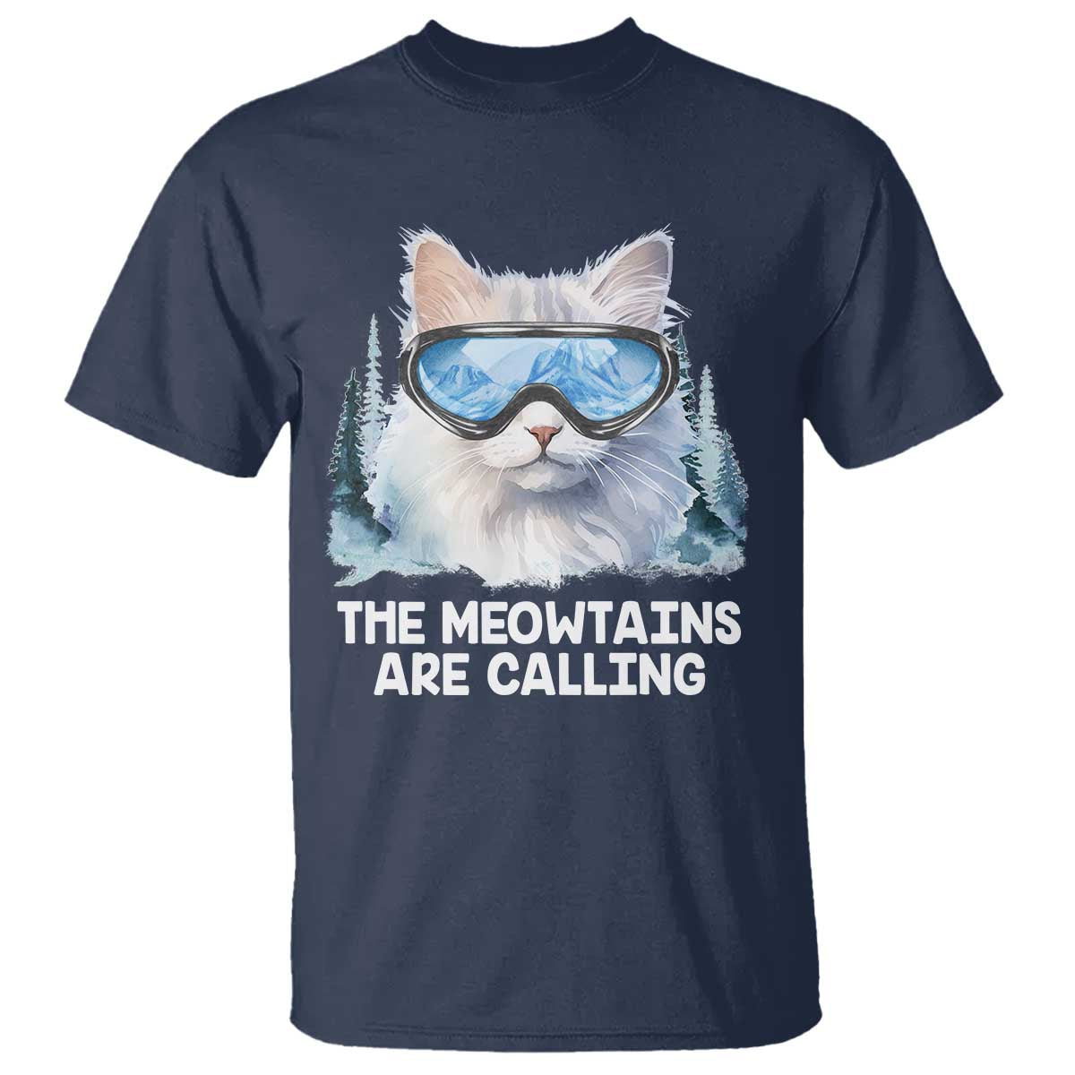 Funny Skiing Snowboarding Cat T Shirt The Meowtains Are Calling Ski Goggles - Wonder Print Shop