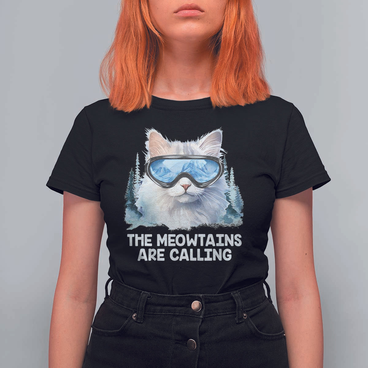 Funny Skiing Snowboarding Cat T Shirt For Women The Meowtains Are Calling Ski Goggles - Wonder Print Shop