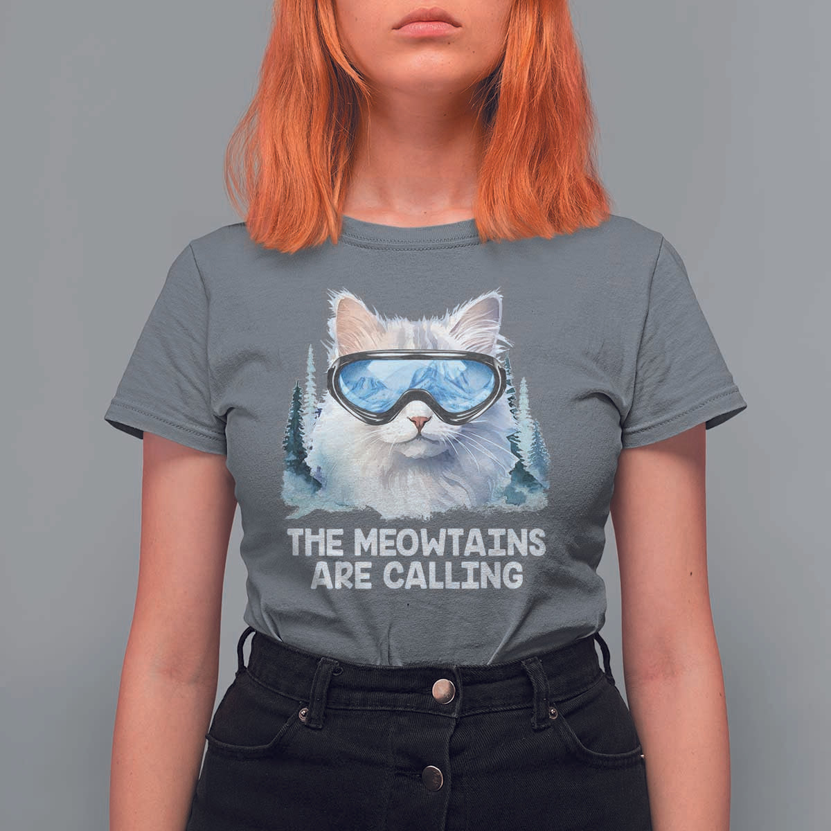 Funny Skiing Snowboarding Cat T Shirt For Women The Meowtains Are Calling Ski Goggles - Wonder Print Shop