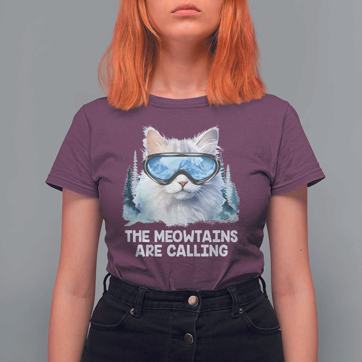 Funny Skiing Snowboarding Cat T Shirt For Women The Meowtains Are Calling Ski Goggles - Wonder Print Shop