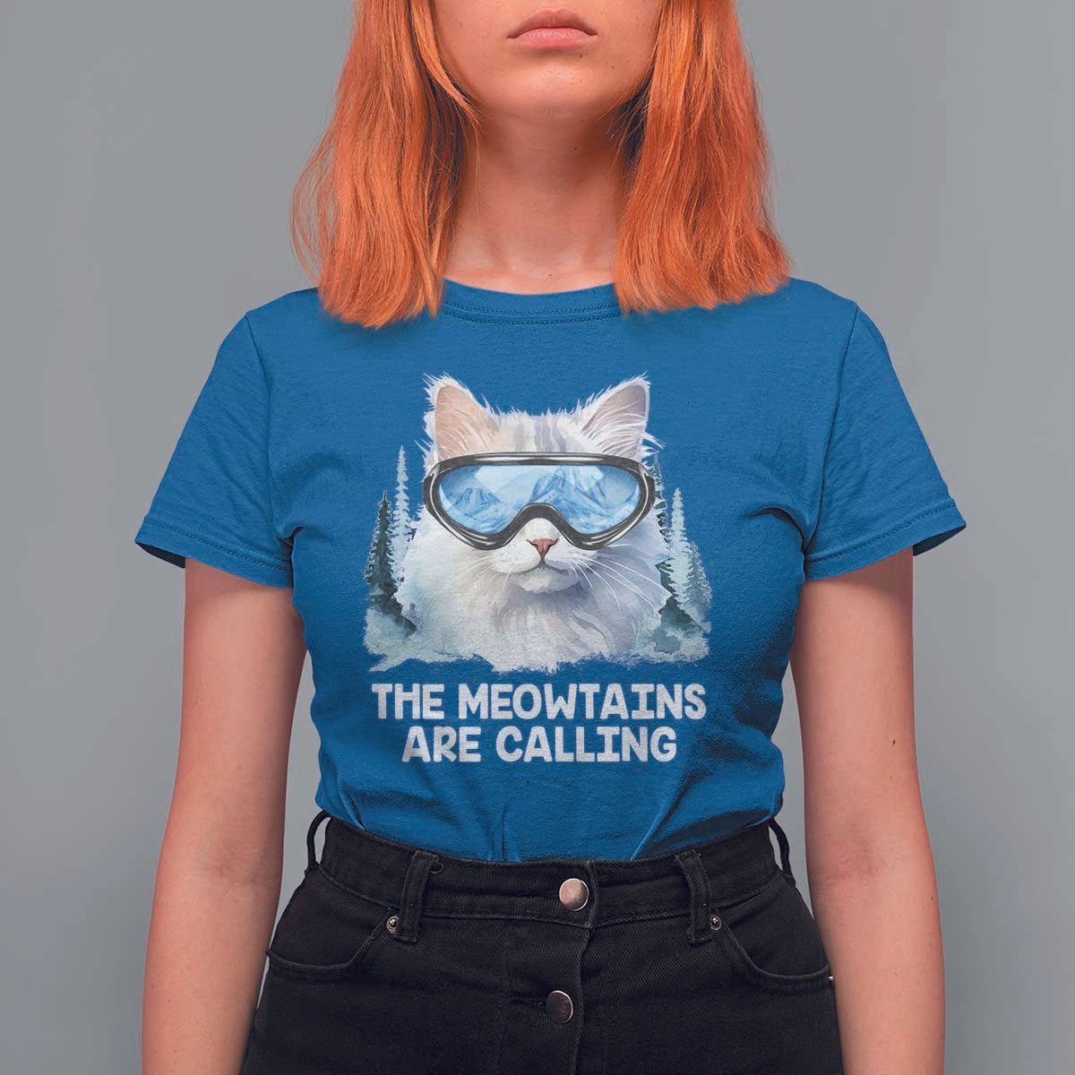 Funny Skiing Snowboarding Cat T Shirt For Women The Meowtains Are Calling Ski Goggles - Wonder Print Shop