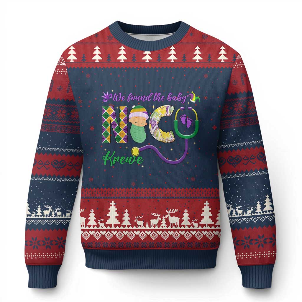 Funny NICU Mardi Gras Ugly Christmas Sweater We Found The Baby NICU Krewe King Cake