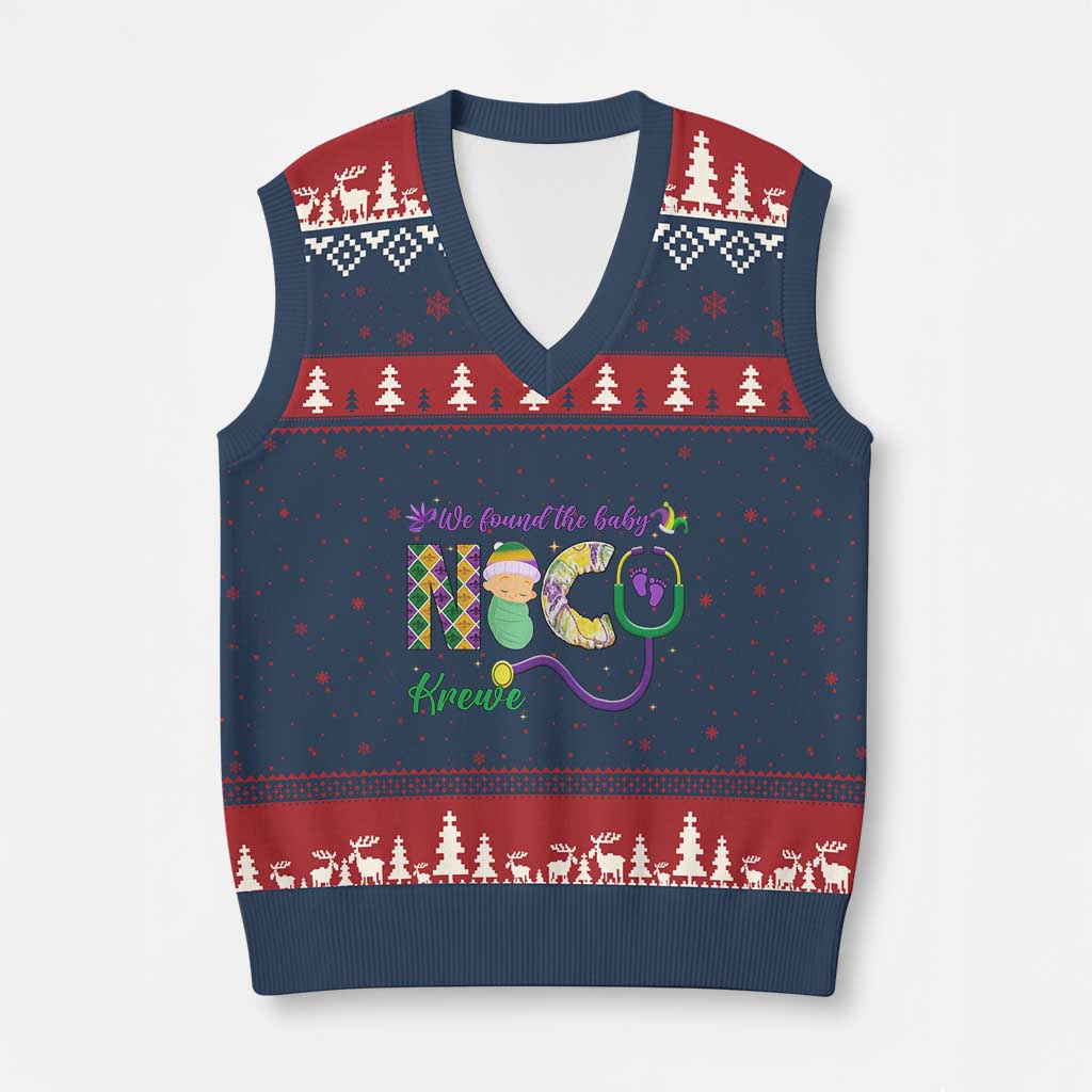 Funny NICU Mardi Gras V-Neck Knit Sweater Vest We Found The Baby NICU Krewe King Cake