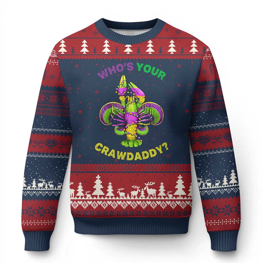 Funny Who's Your Crawdaddy Ugly Christmas Sweater Vintage Crawfish Beads Fleur De Lis Mardi Gras