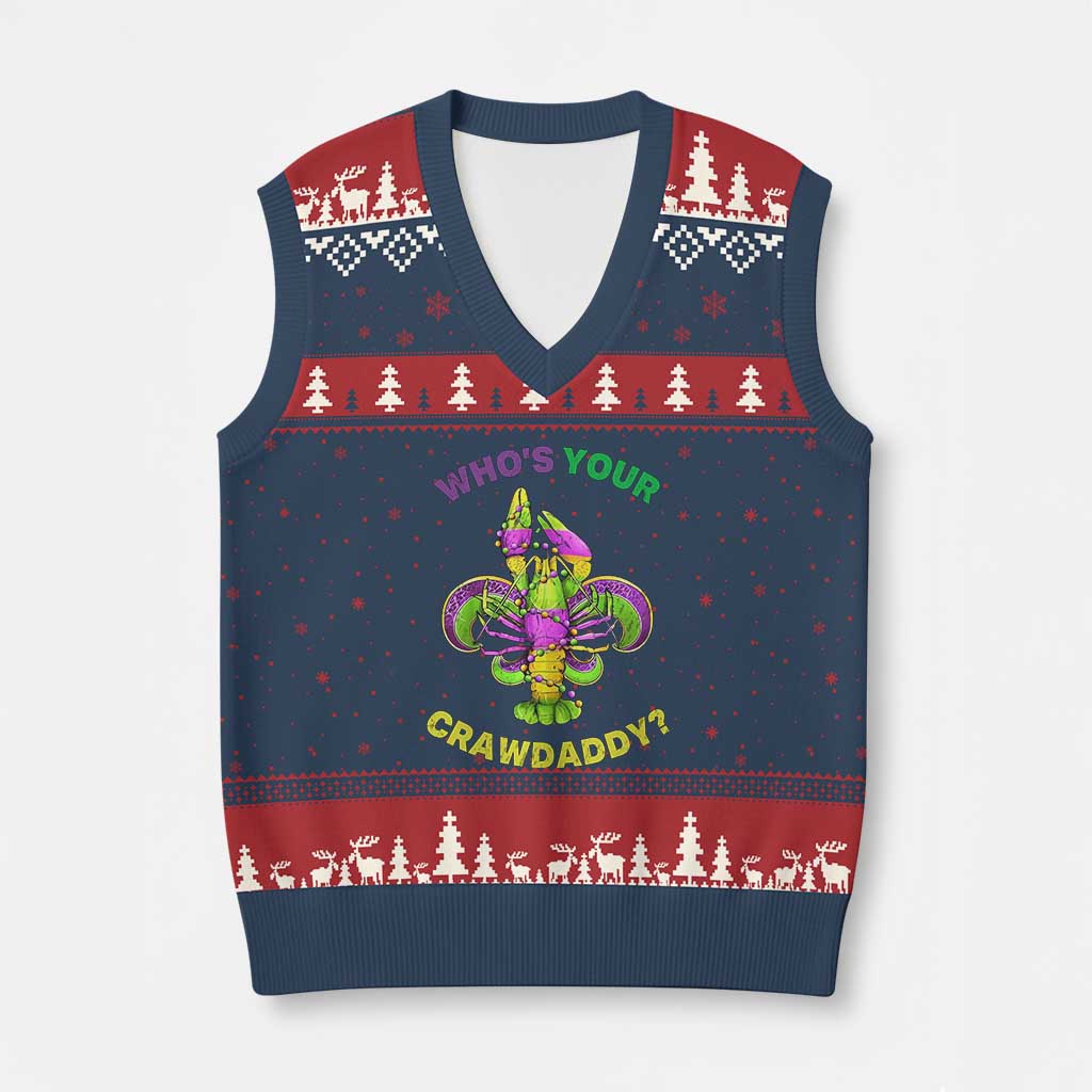 Funny Who's Your Crawdaddy V-Neck Knit Sweater Vest Vintage Crawfish Beads Fleur De Lis Mardi Gras