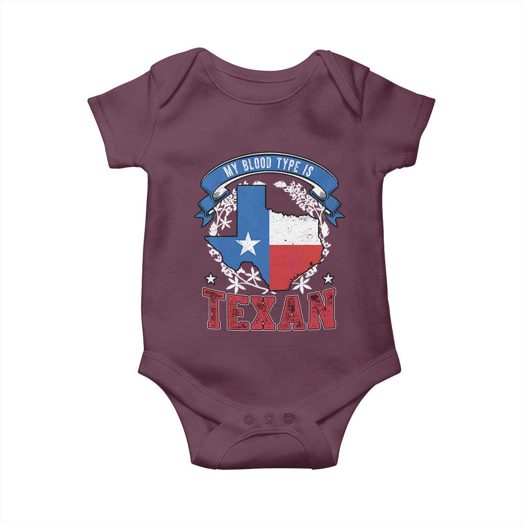My Blood Types Is Texan Baby Onesie Proud American Texan TX Map Bluebonnet