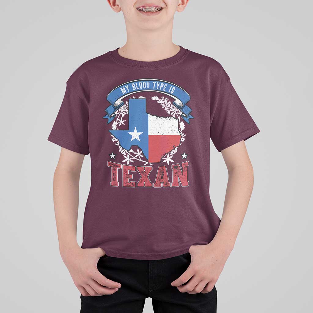 My Blood Types Is Texan T Shirt For Kid Proud American Texan TX Map Bluebonnet