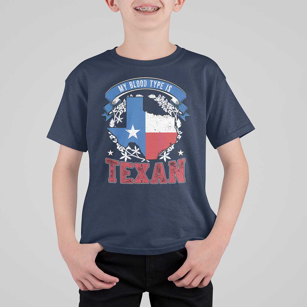 My Blood Types Is Texan T Shirt For Kid Proud American Texan TX Map Bluebonnet