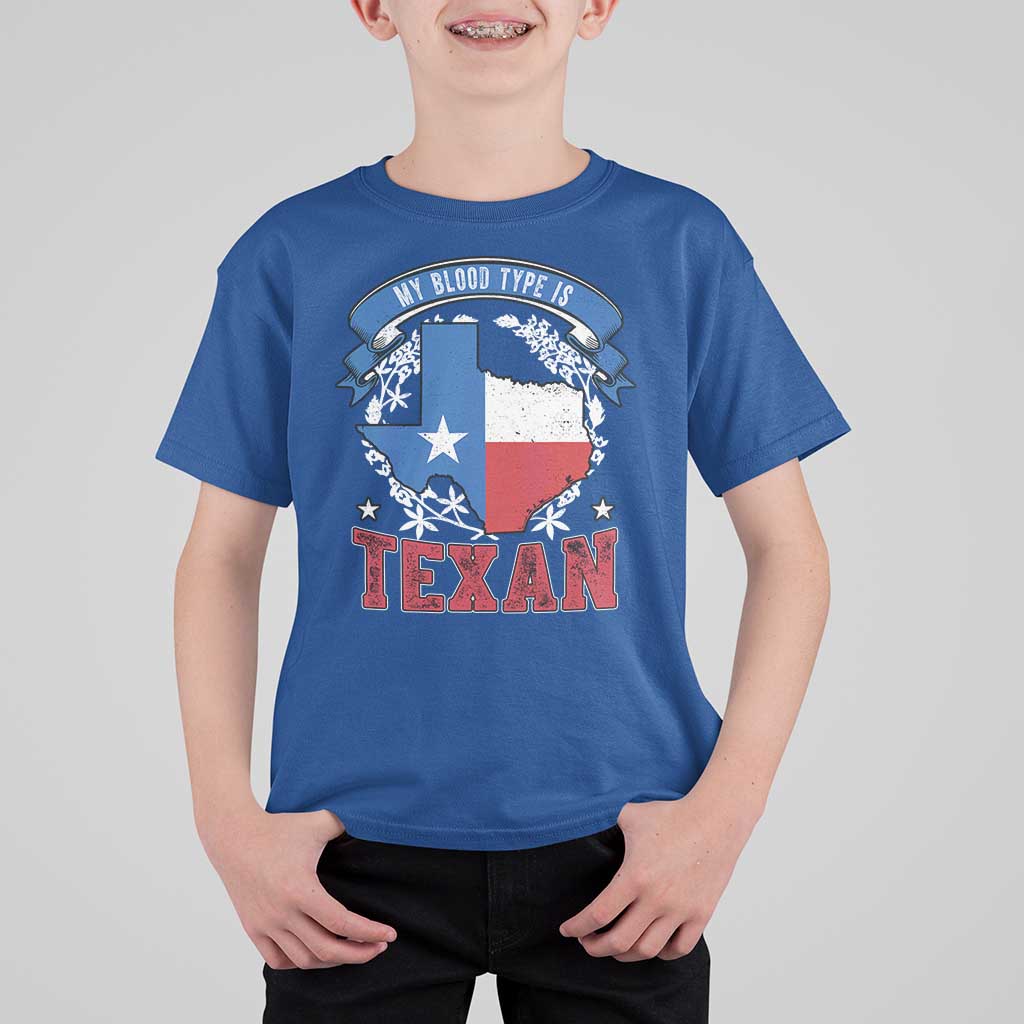 My Blood Types Is Texan T Shirt For Kid Proud American Texan TX Map Bluebonnet