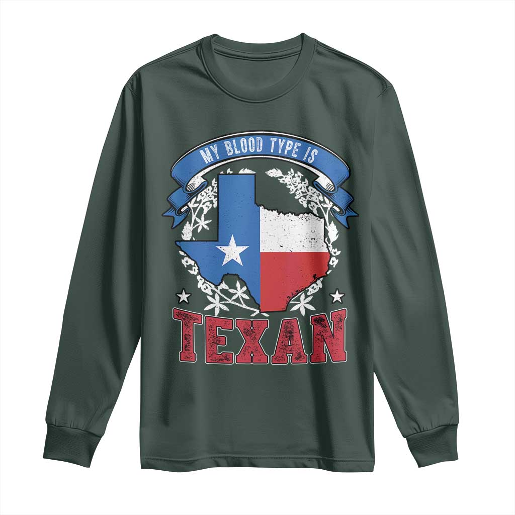 My Blood Types Is Texan Long Sleeve Shirt Proud American Texan TX Map Bluebonnet