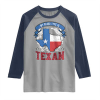 My Blood Types Is Texan Raglan Shirt Proud American Texan TX Map Bluebonnet