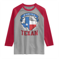 My Blood Types Is Texan Raglan Shirt Proud American Texan TX Map Bluebonnet