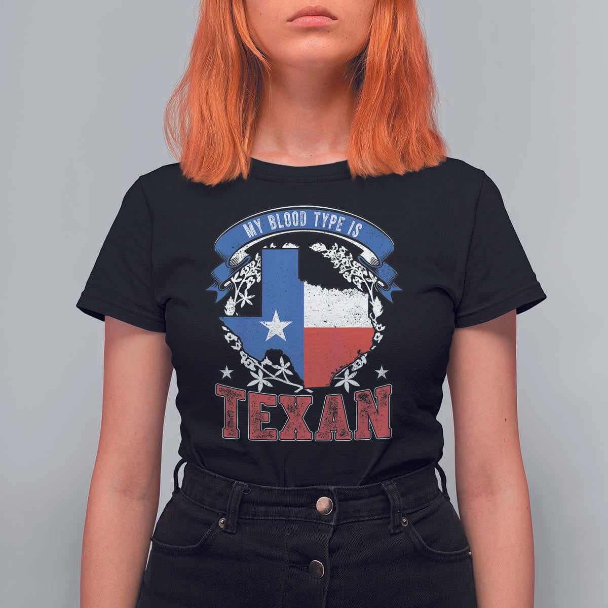 My Blood Types Is Texan T Shirt For Women Proud American Texan TX Map Bluebonnet