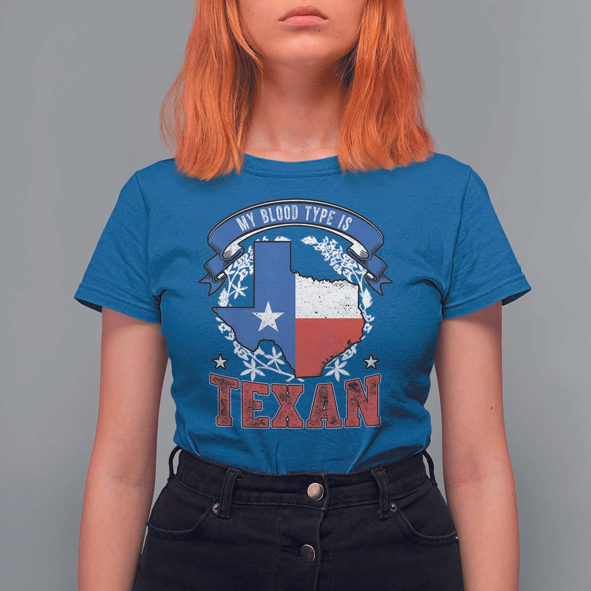 My Blood Types Is Texan T Shirt For Women Proud American Texan TX Map Bluebonnet