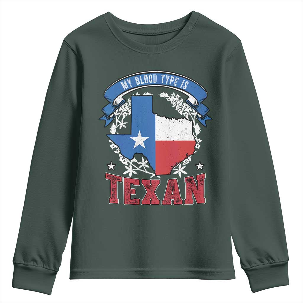 My Blood Types Is Texan Youth Sweatshirt Proud American Texan TX Map Bluebonnet