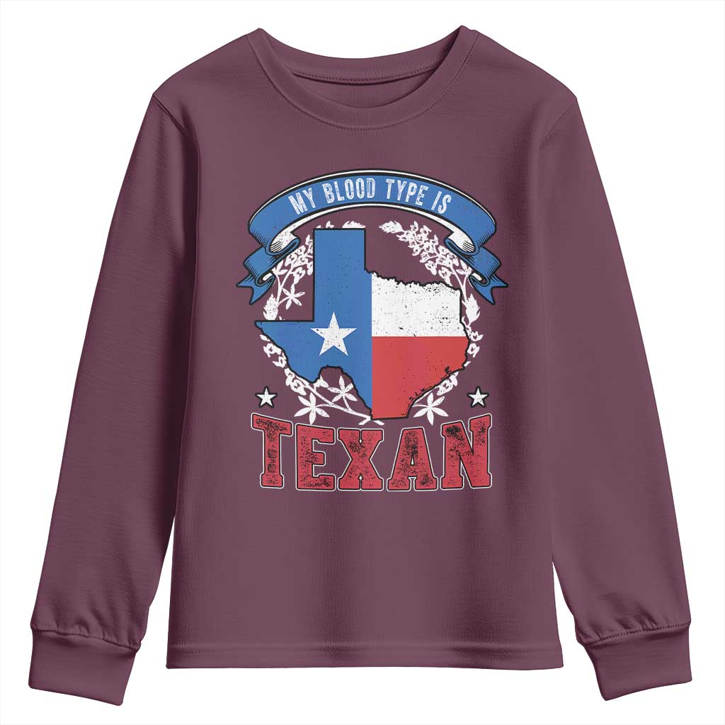 My Blood Types Is Texan Youth Sweatshirt Proud American Texan TX Map Bluebonnet