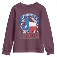 My Blood Types Is Texan Youth Sweatshirt Proud American Texan TX Map Bluebonnet