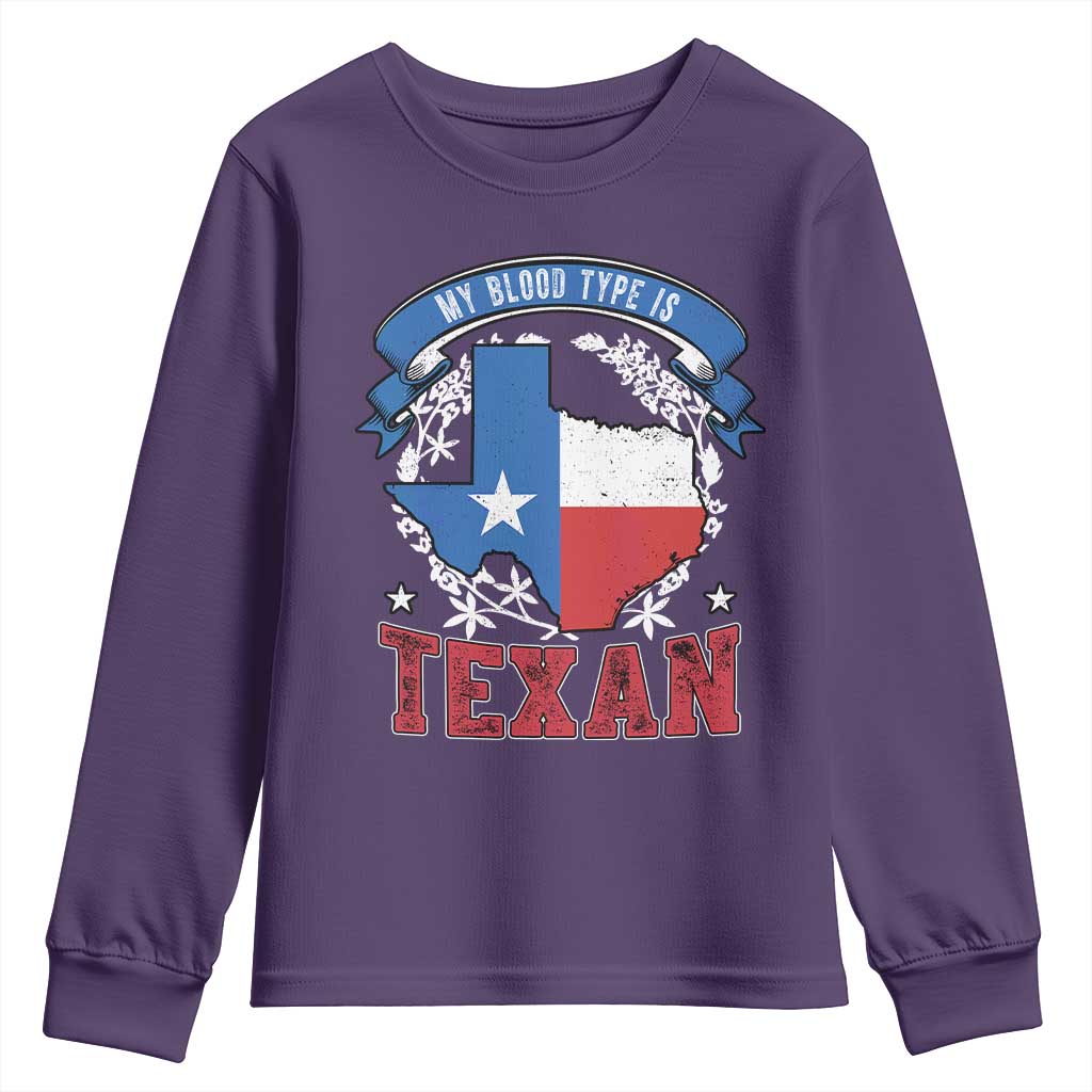 My Blood Types Is Texan Youth Sweatshirt Proud American Texan TX Map Bluebonnet