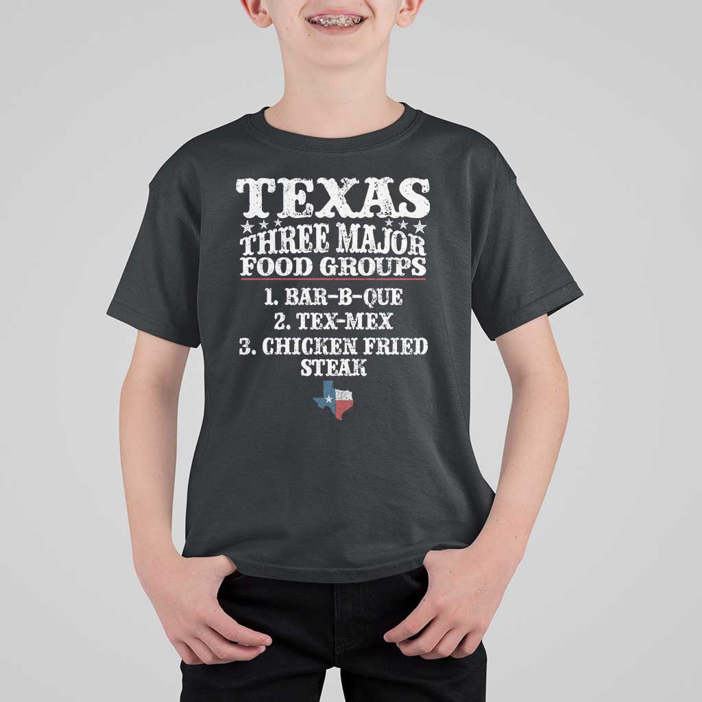 Proud American Texan T Shirt For Kid Texas Three Major Food Groups BBQ Tex Mex Chicken