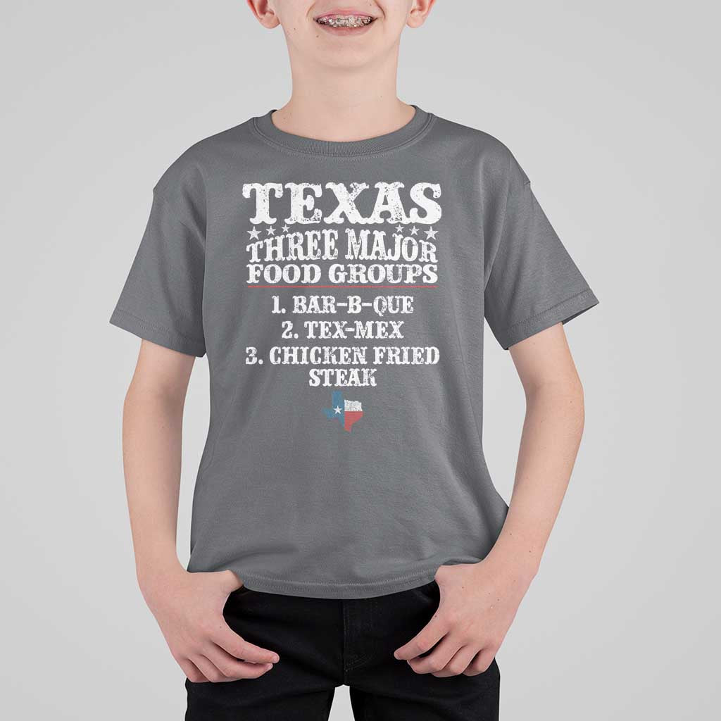 Proud American Texan T Shirt For Kid Texas Three Major Food Groups BBQ Tex Mex Chicken