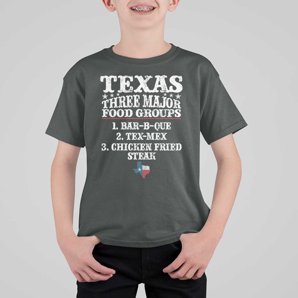 Proud American Texan T Shirt For Kid Texas Three Major Food Groups BBQ Tex Mex Chicken