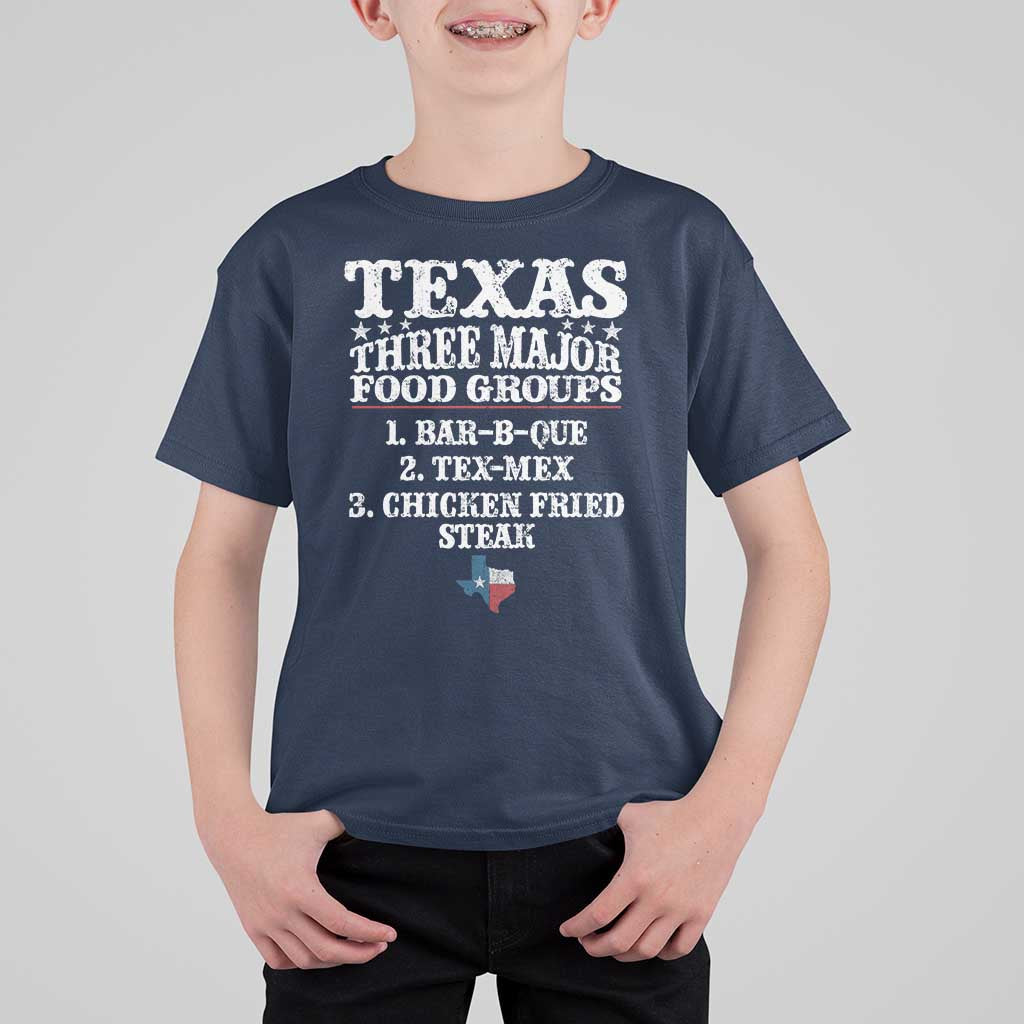 Proud American Texan T Shirt For Kid Texas Three Major Food Groups BBQ Tex Mex Chicken