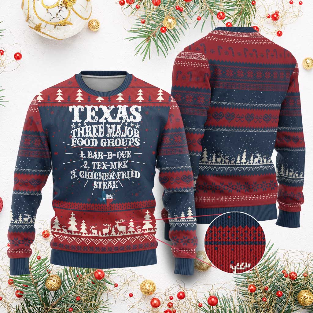 Proud American Texan Knitted Sweatshirt Texas Three Major Food Groups BBQ Tex Mex Chicken - Wonder Print Shop