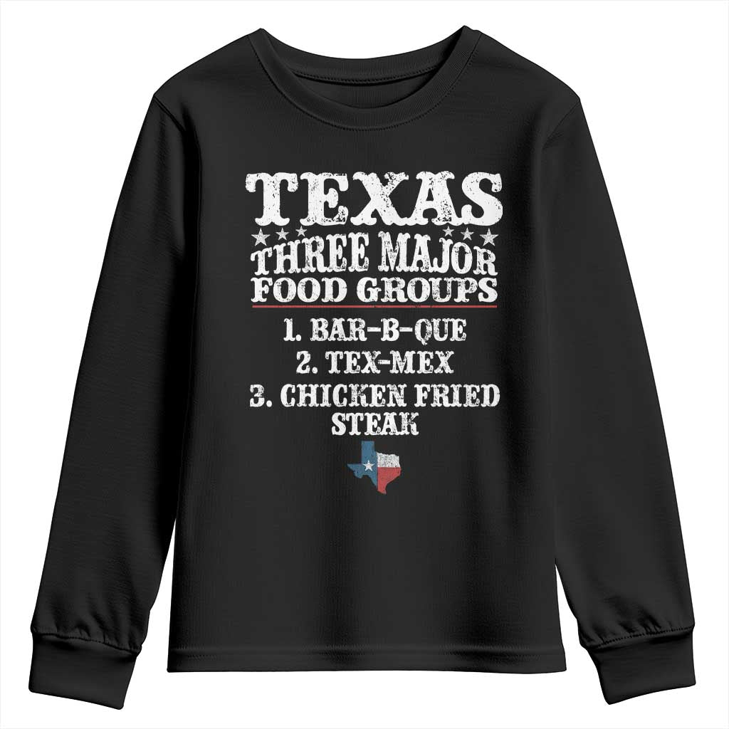 Proud American Texan Youth Sweatshirt Texas Three Major Food Groups BBQ Tex Mex Chicken