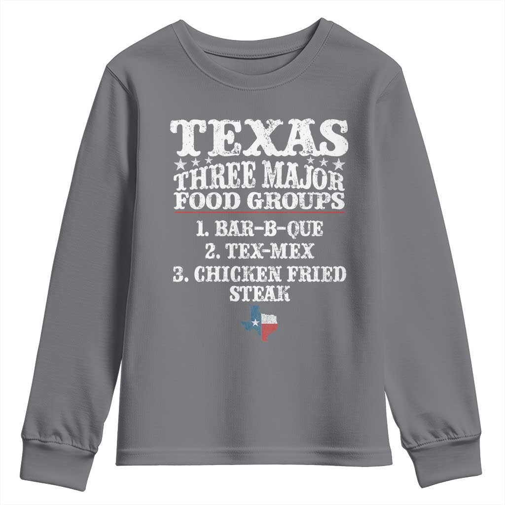 Proud American Texan Youth Sweatshirt Texas Three Major Food Groups BBQ Tex Mex Chicken
