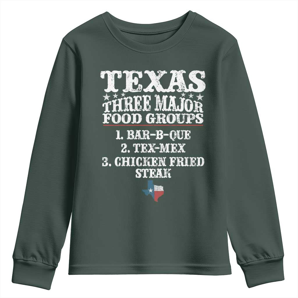 Proud American Texan Youth Sweatshirt Texas Three Major Food Groups BBQ Tex Mex Chicken
