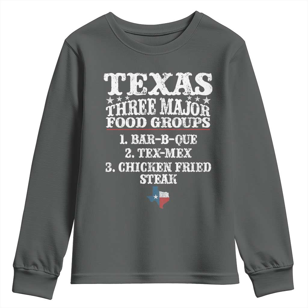 Proud American Texan Youth Sweatshirt Texas Three Major Food Groups BBQ Tex Mex Chicken