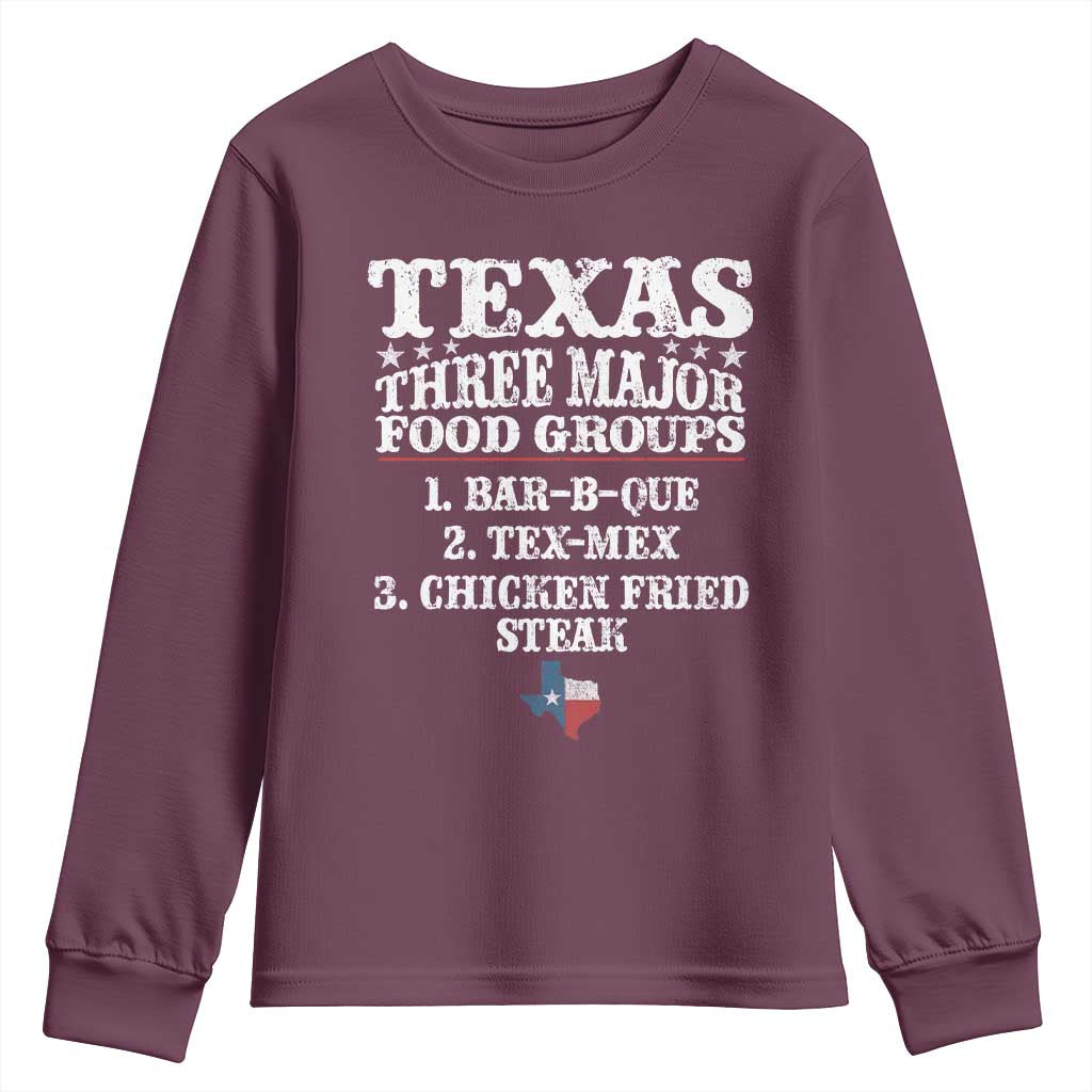 Proud American Texan Youth Sweatshirt Texas Three Major Food Groups BBQ Tex Mex Chicken