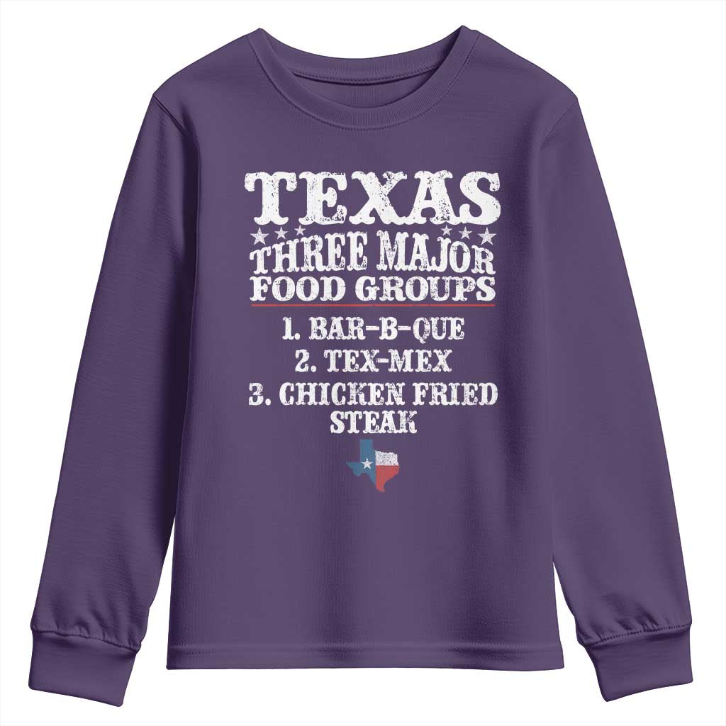 Proud American Texan Youth Sweatshirt Texas Three Major Food Groups BBQ Tex Mex Chicken