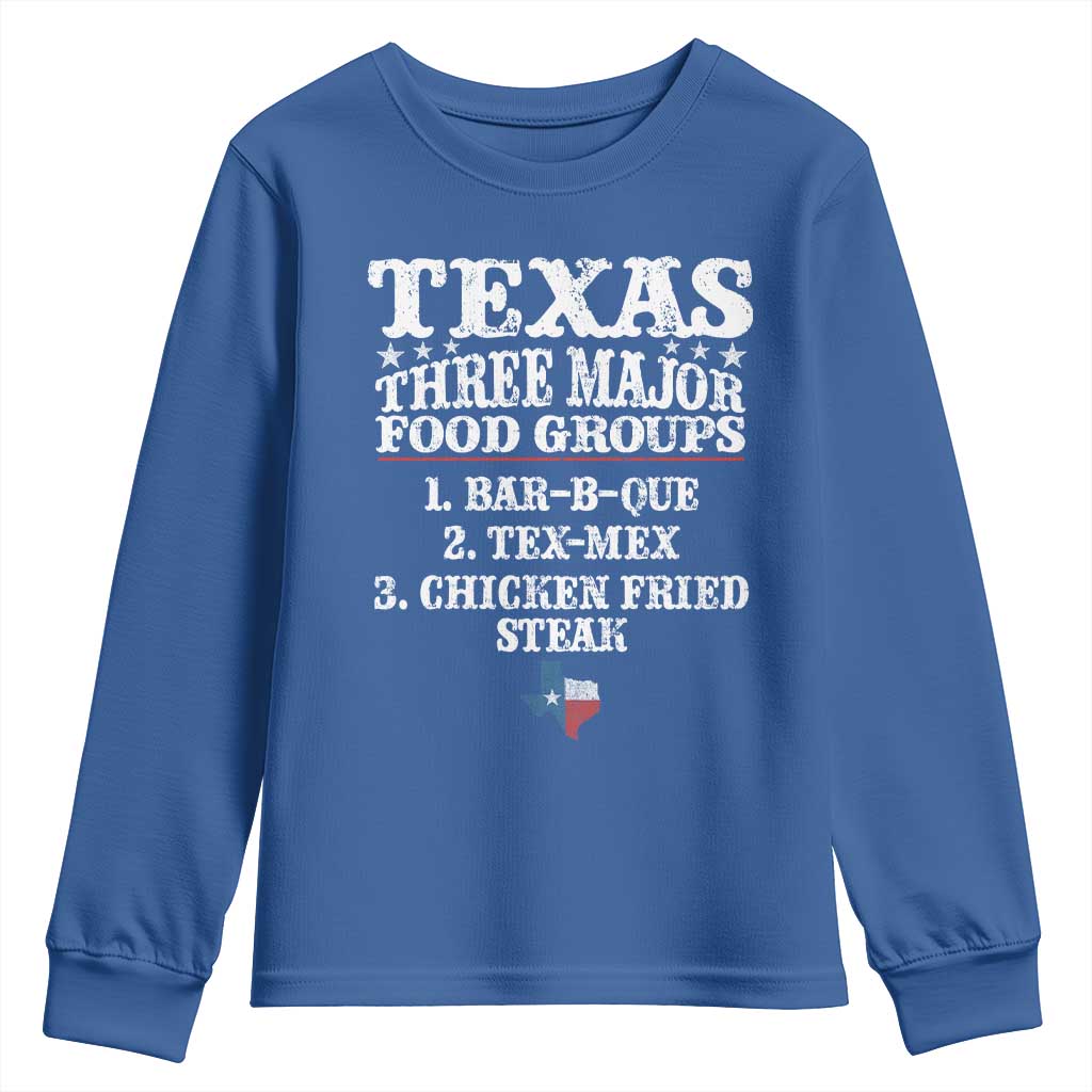 Proud American Texan Youth Sweatshirt Texas Three Major Food Groups BBQ Tex Mex Chicken