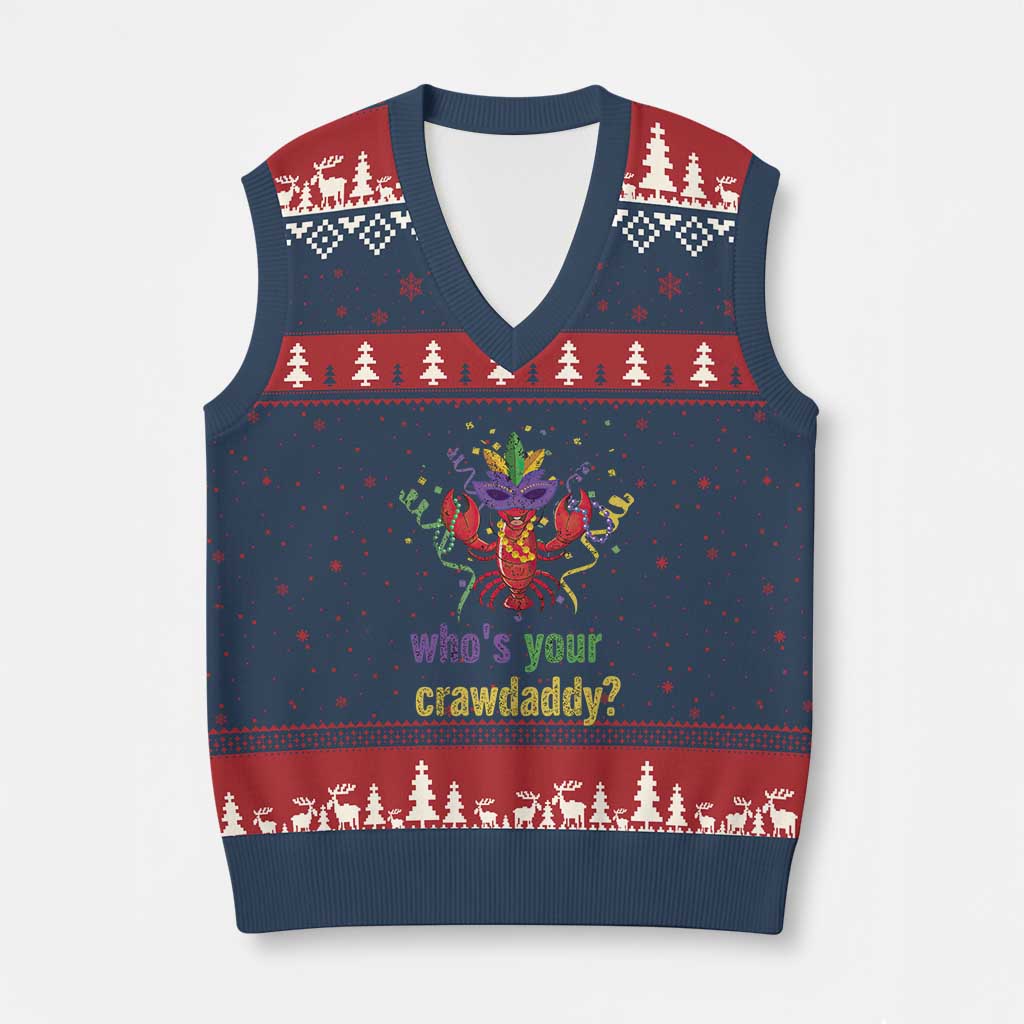 Funny Who's Your Crawdaddy V-Neck Knit Sweater Vest Crawfish Beads Mardi Gras