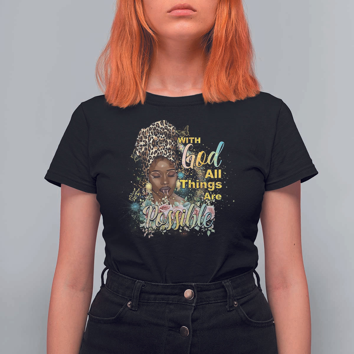 Christian African American T Shirt For Women With God All Things Are Possible Black Prayer