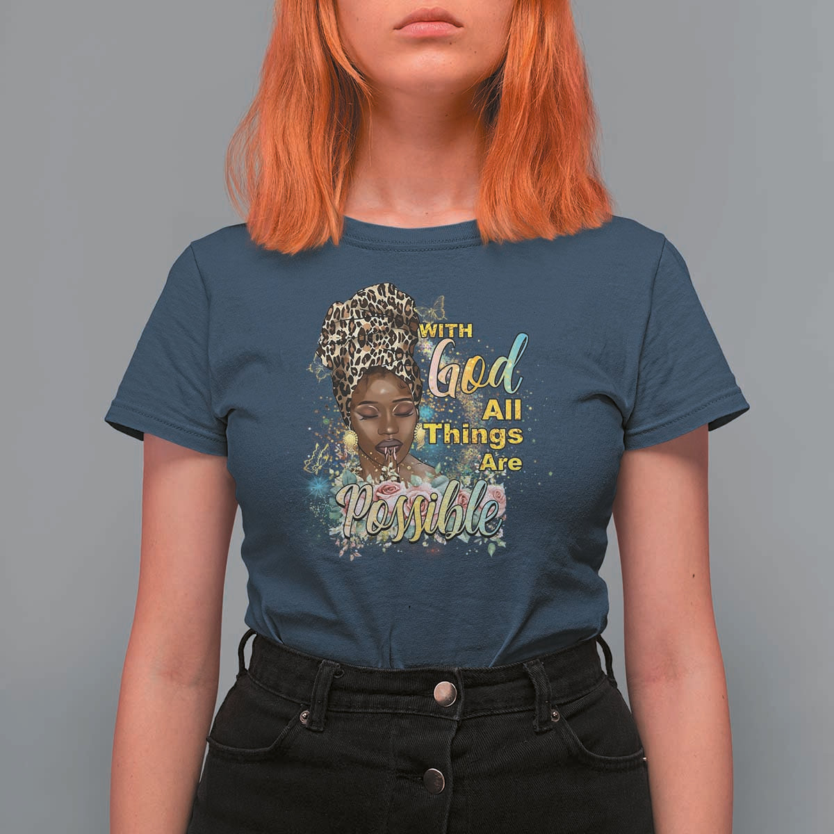 Christian African American T Shirt For Women With God All Things Are Possible Black Prayer