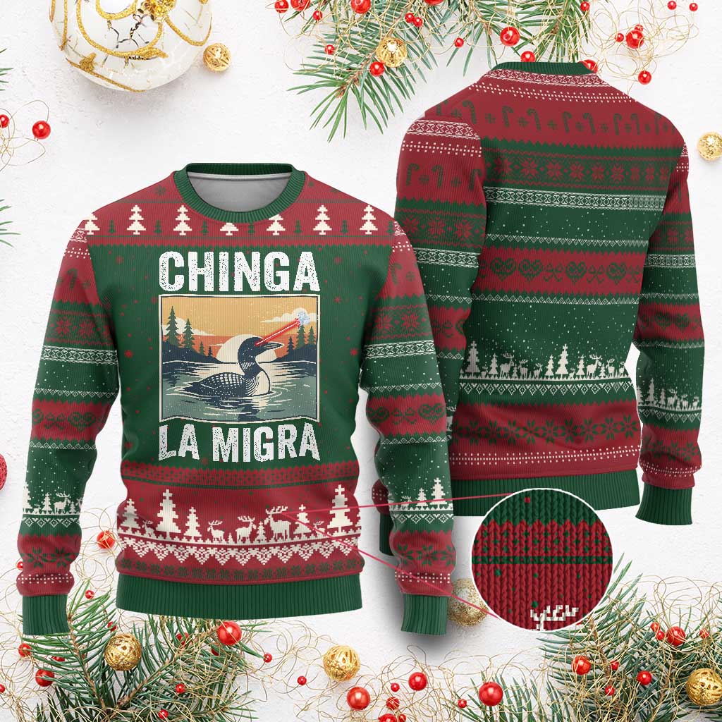 Chinga La Migra Ugly Christmas Sweater Minnesota Loon Laser Ice Cube Political Protest